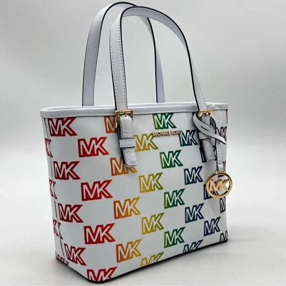 Michael Kors Jet Set Travel Extra-Small Top Zip Tote Bag Rainbow Optic White - Picture 6 of 11